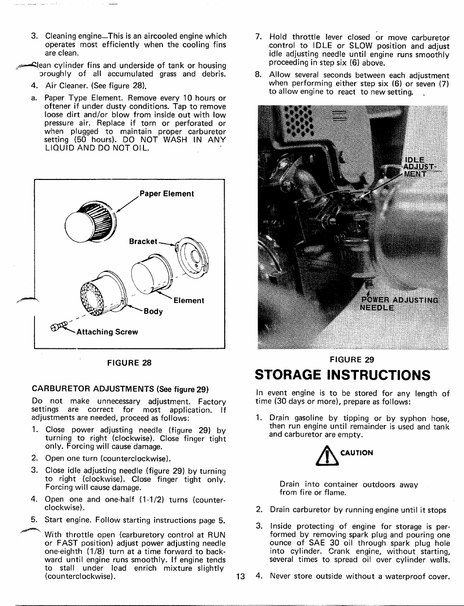 Figure 28, Carburetor adjustments (see figure 29), Storage instructions | MTD 249-640A User Manual | Page 13 / 16