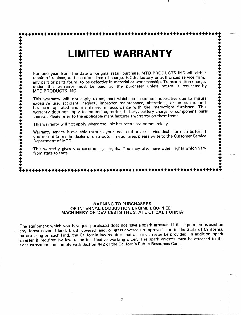 Umited warranty | MTD 249-640A User Manual | Page 2 / 16