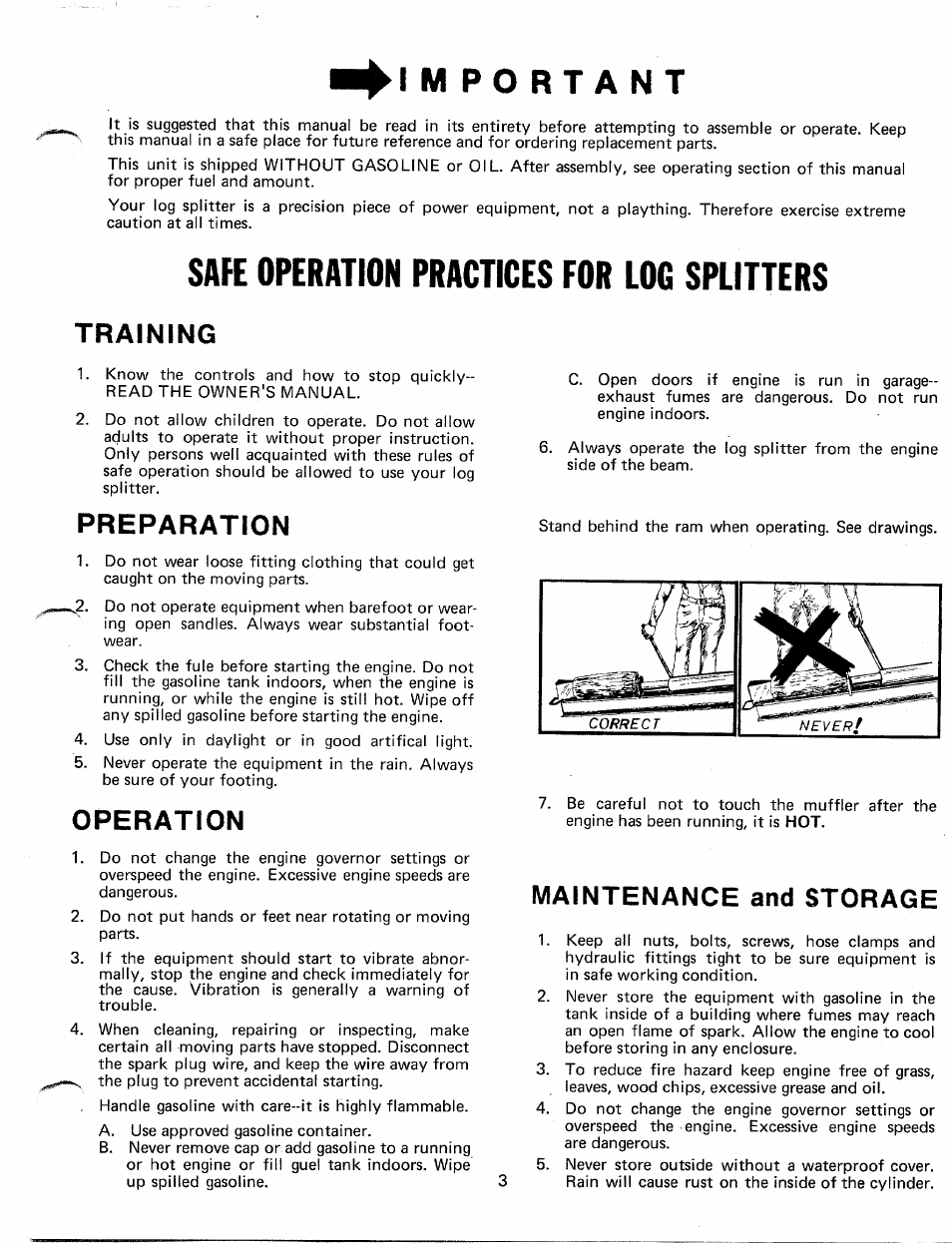Training, Preparation, Operation | Maintenance and storage, Safe operation practices for log splitters | MTD 249-640A User Manual | Page 3 / 16