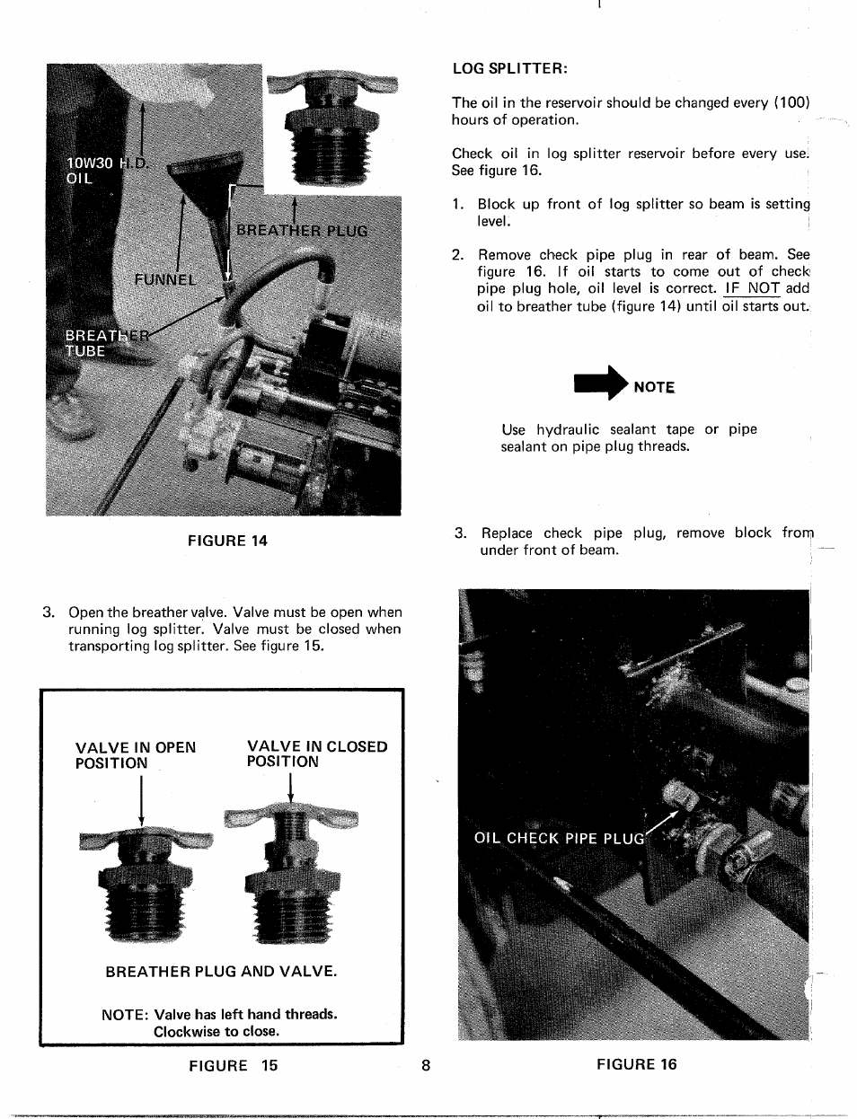 Log splitter, Valve in open position, Breather plug and valve | MTD 249-640A User Manual | Page 8 / 16