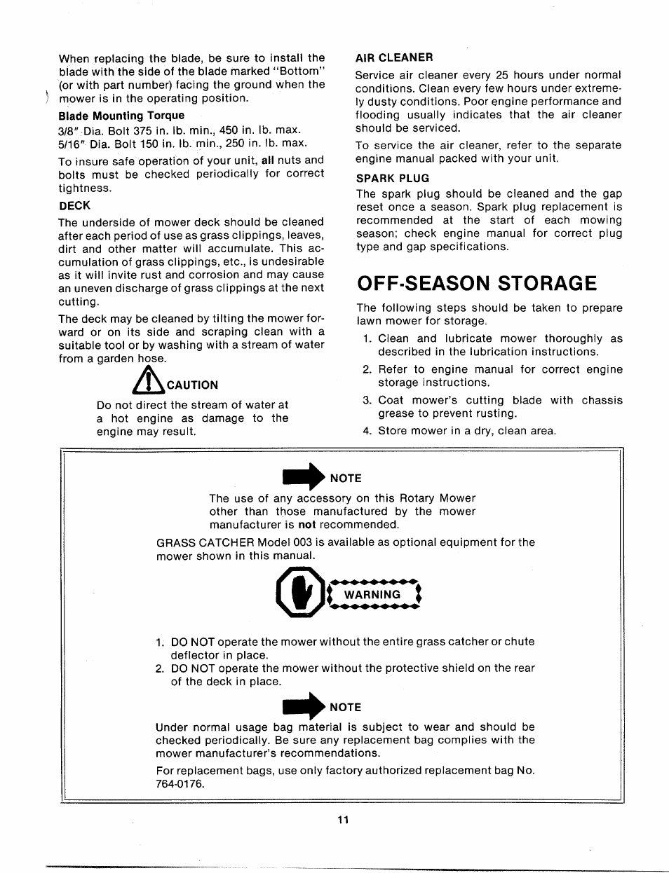 Deck, Caution, Air cleaner | Spark plug, Off-season storage, Note, Warning | MTD 113-011A User Manual | Page 11 / 16