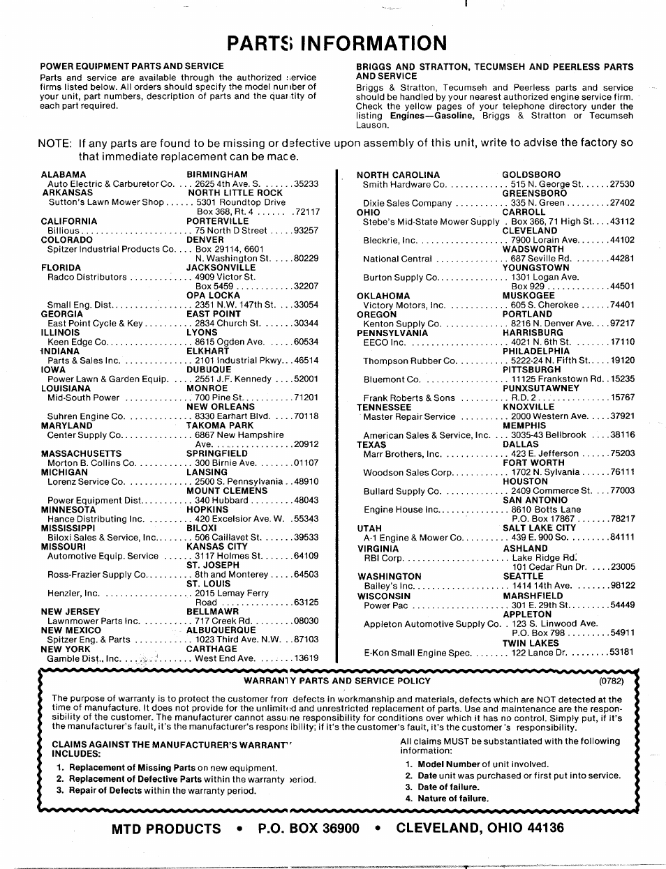 Parts, Information | MTD 113-011A User Manual | Page 16 / 16