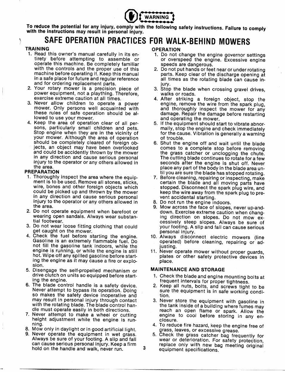 Fvji warning i, Training, Preparation | Operation, Maintenance and storage, Safe operation practices for walk-behind mowers | MTD 113-011A User Manual | Page 3 / 16