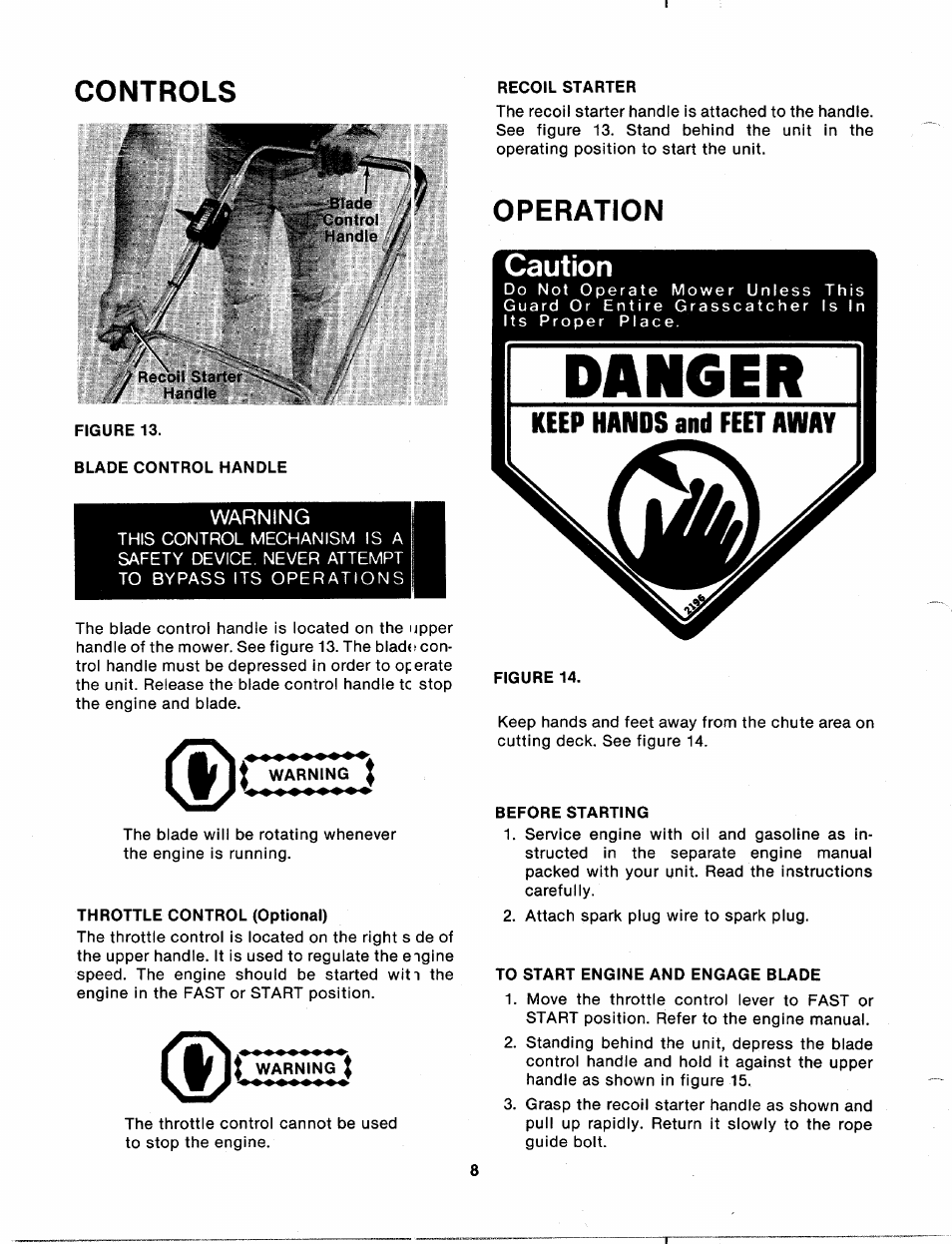 Blade control handle, Throttle control (optional), Before starting | To start engine and engage blade, Controls, Operation caution, Warning | MTD 113-011A User Manual | Page 8 / 16