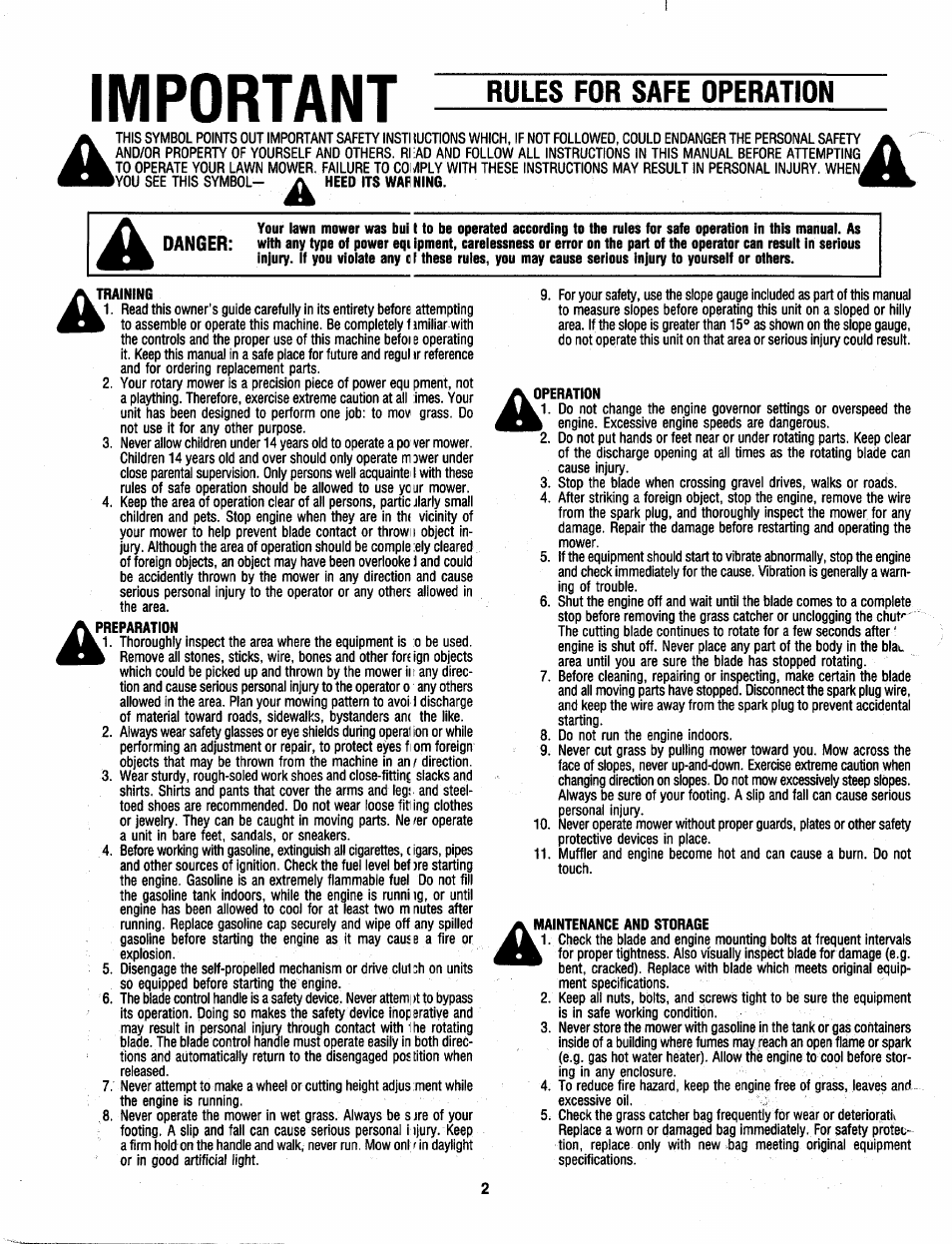 Important, Training, Preparation | Operation, Maintenance and storage, Rules for safe operation, Danger | MTD 111-010R000 User Manual | Page 2 / 12