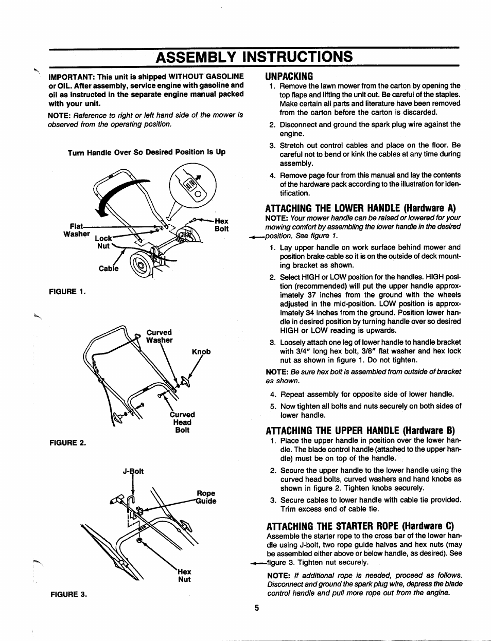 Assembly instructions, Unpacking, Ahaching the lower handle (hardware a) | Ahaching the upper handle (hardware b), Ahaching the starter rdpe (hardware c) | MTD 111-010R000 User Manual | Page 5 / 12