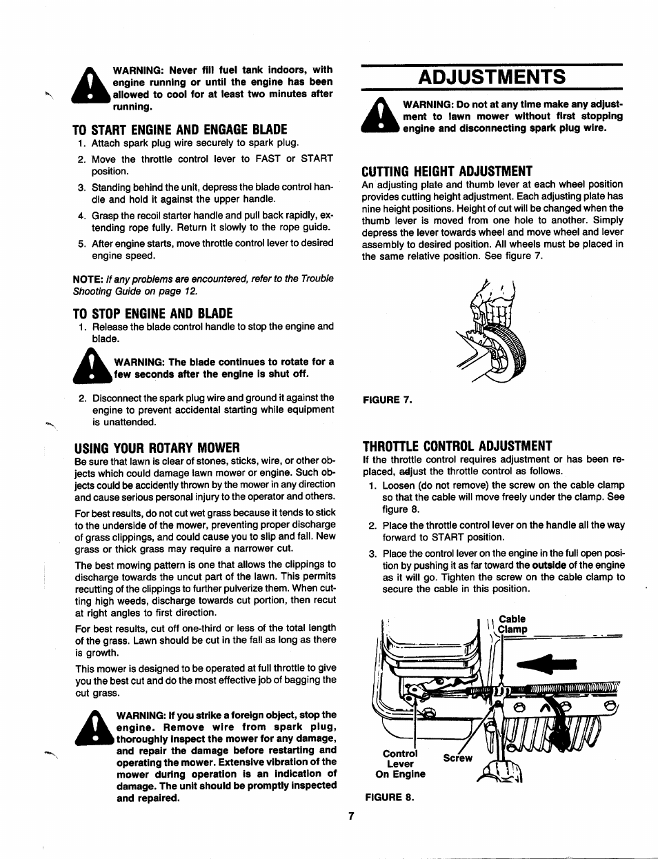 Adjustments, To start engine and engage blade, To stop engine and blade | Using your rotary mower, Cuning height adjustment, Throme control adjustment | MTD 111-010R000 User Manual | Page 7 / 12