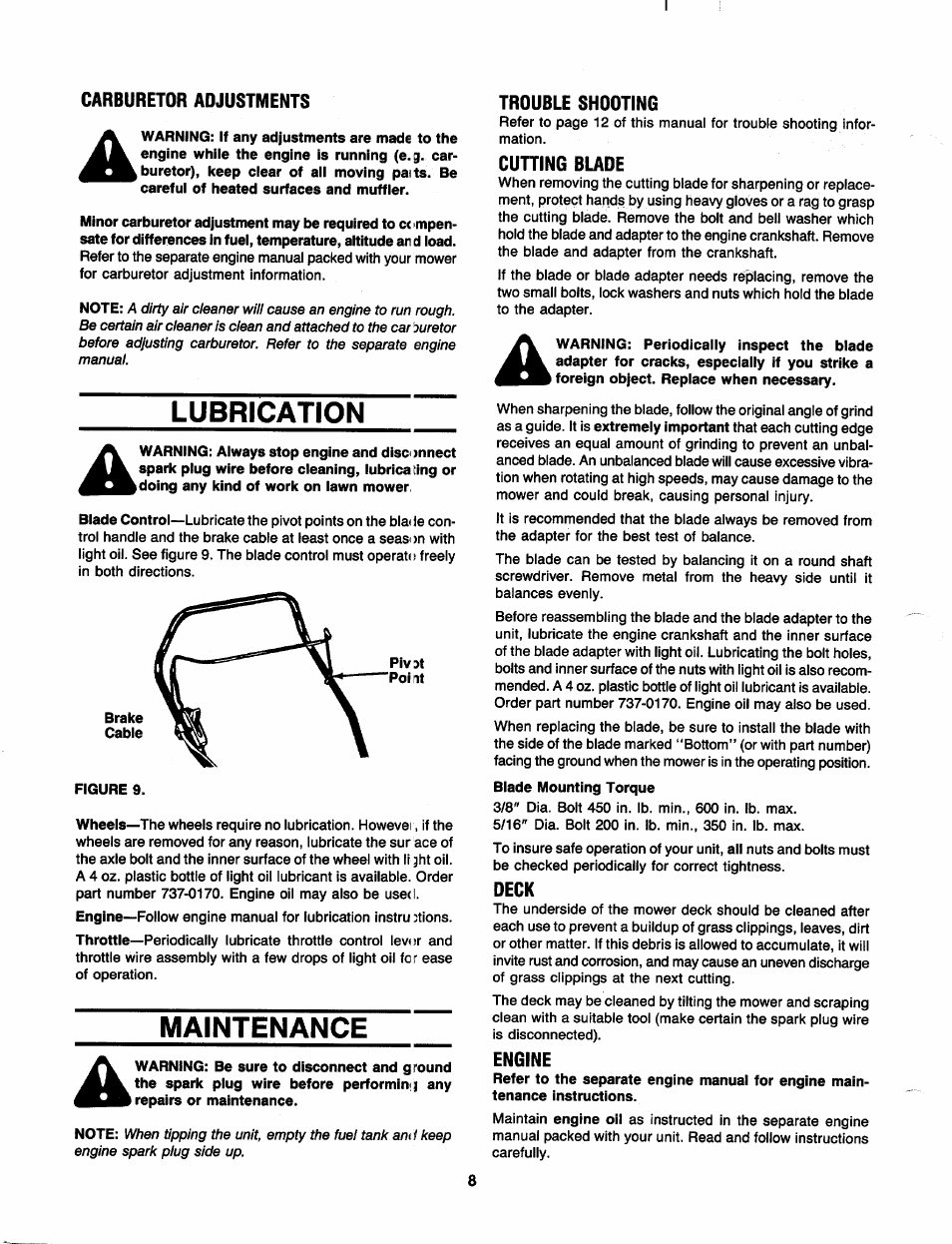 Carburetor adjustments, Lubrication, Maintenance | Trouble shooting, Cutting blade, Deck, Engine | MTD 111-010R000 User Manual | Page 8 / 12