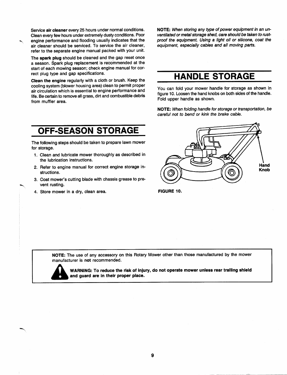 Handle storage, Off-season storage | MTD 111-010R000 User Manual | Page 9 / 12