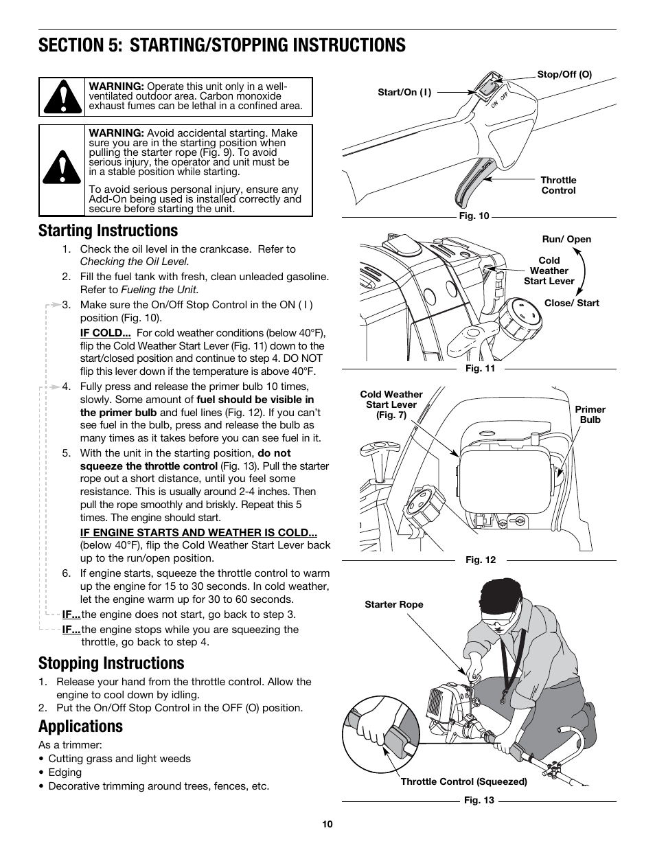 Starting instructions stopping instructions, Applications | MTD MP426CS User Manual | Page 10 / 76