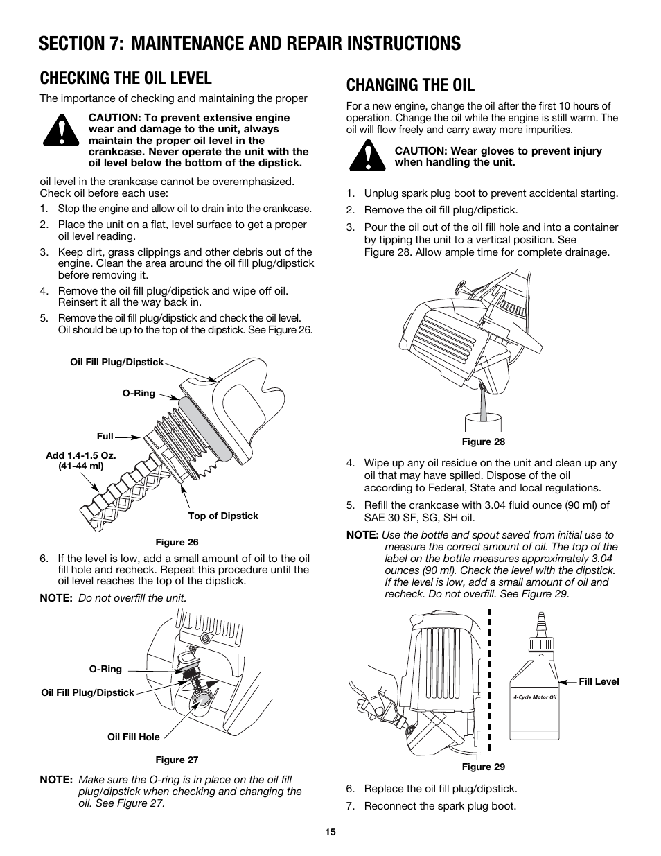 Changing the oil, Checking the oil level | MTD MP426CS User Manual | Page 15 / 76