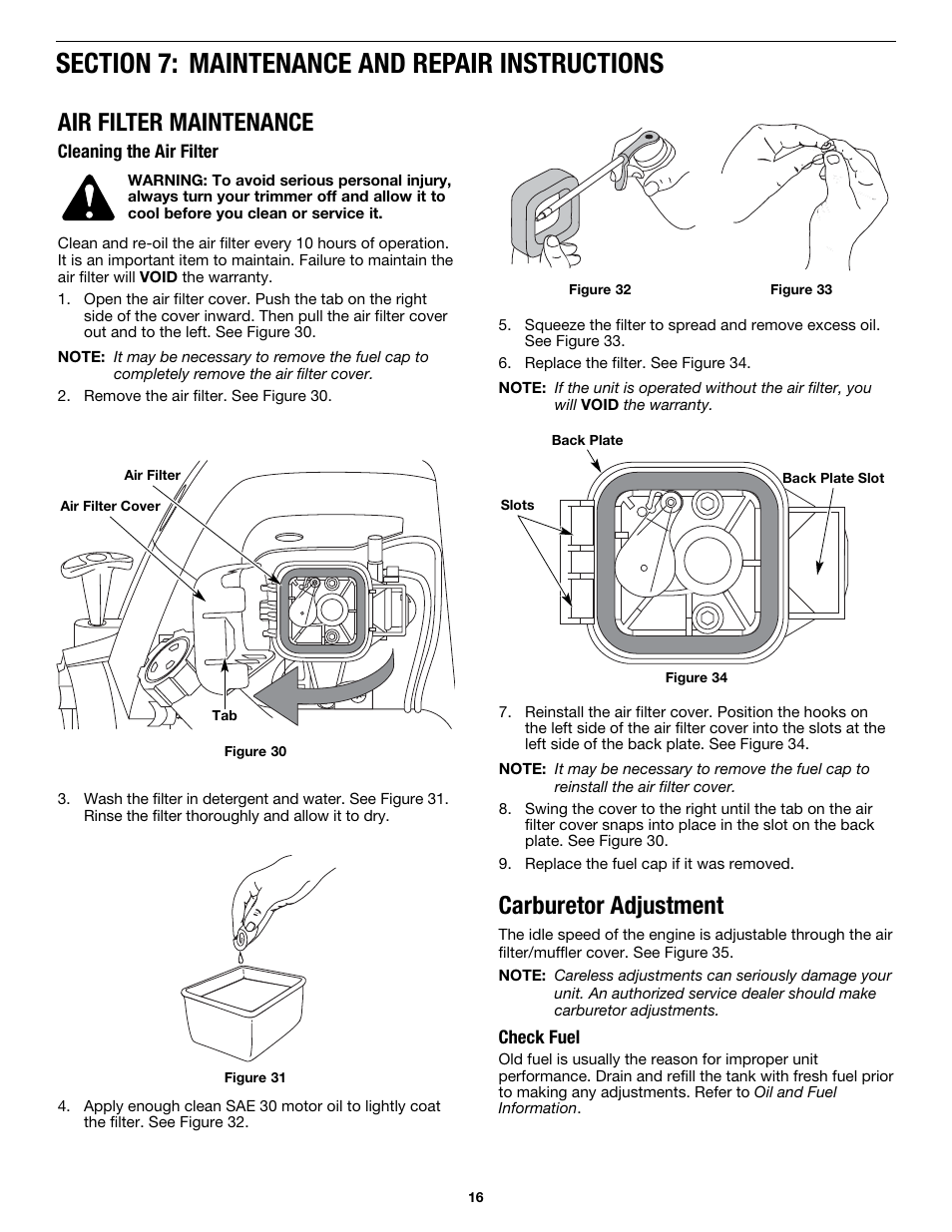 Air filter maintenance, Carburetor adjustment | MTD MP426CS User Manual | Page 16 / 76