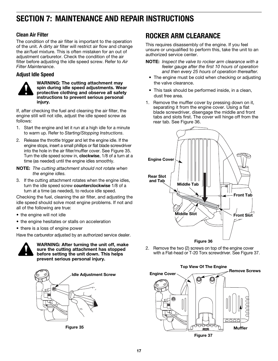 Rocker arm clearance | MTD MP426CS User Manual | Page 17 / 76