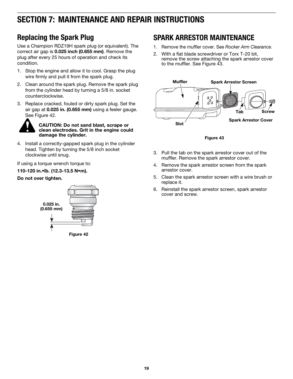 Replacing the spark plug, Spark arrestor maintenance | MTD MP426CS User Manual | Page 19 / 76