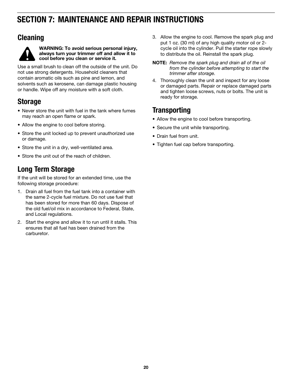 Transporting, Cleaning, Storage | Long term storage | MTD MP426CS User Manual | Page 20 / 76