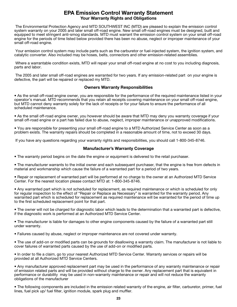 Epa emission control warranty statement | MTD MP426CS User Manual | Page 23 / 76
