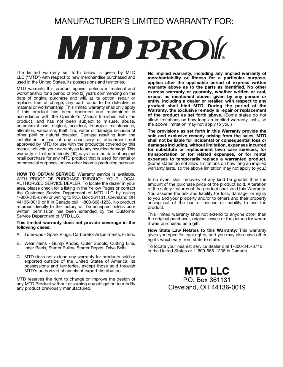 Mtd llc, Manufacturer’s limited warranty for | MTD MP426CS User Manual | Page 24 / 76