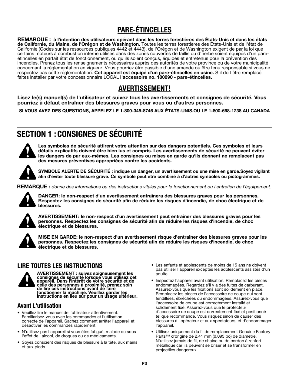 Pare-étincelles, Avertissement, Lire toutes les instructions | Avant l'utilisation | MTD MP426CS User Manual | Page 27 / 76