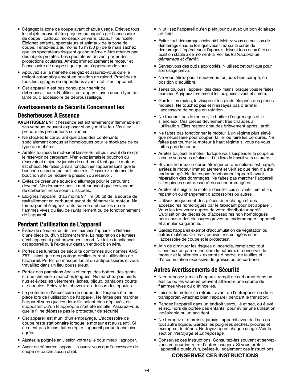 Pendant l’utilisation de l’appareil, Autres avertissements de sécurité | MTD MP426CS User Manual | Page 28 / 76