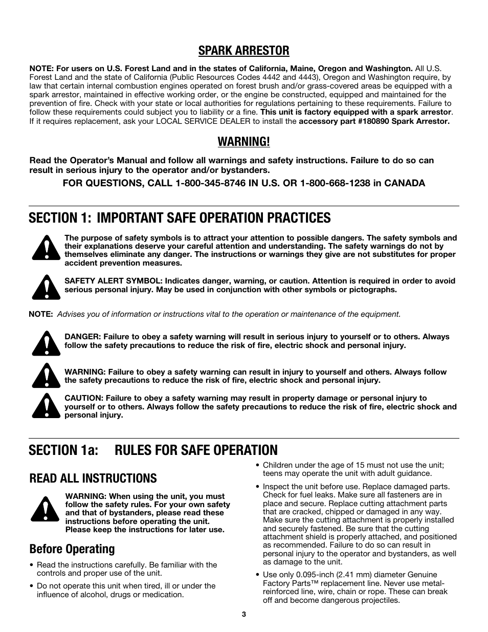 Spark arrestor, Warning, Read all instructions | Before operating | MTD MP426CS User Manual | Page 3 / 76