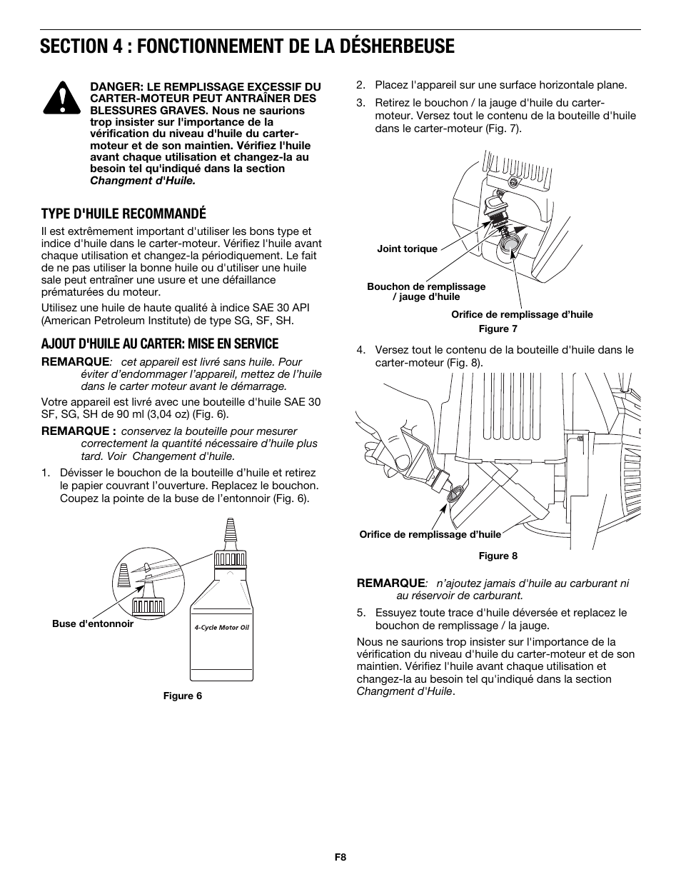 Type d'huile recommandé, Ajout d'huile au carter: mise en service | MTD MP426CS User Manual | Page 32 / 76