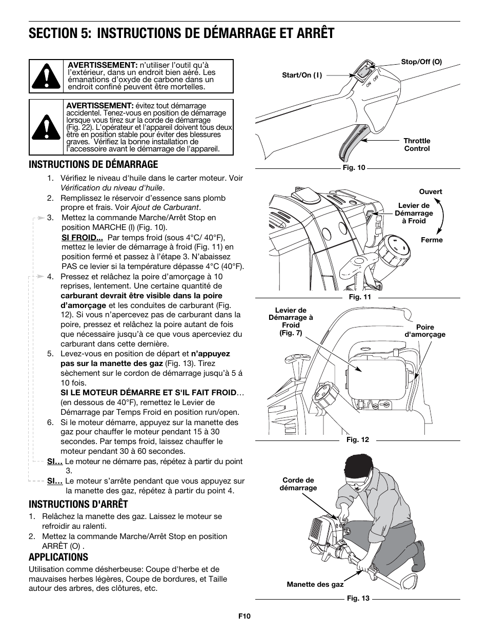 Instructions de démarrage instructions d'arrêt, Applications | MTD MP426CS User Manual | Page 34 / 76