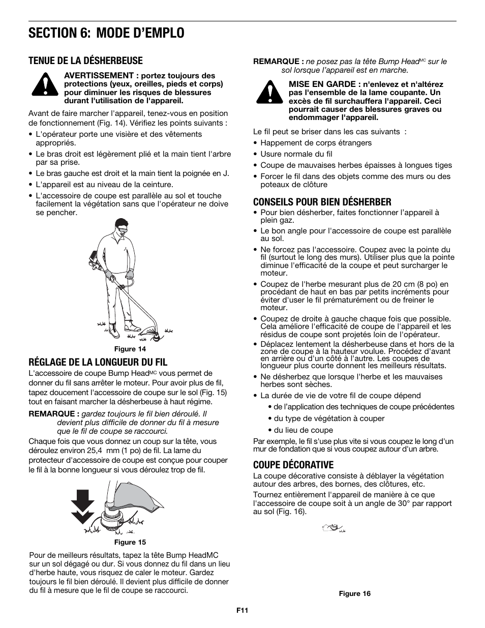 Tenue de la désherbeuse, Réglage de la longueur du fil, Conseils pour bien désherber | Coupe décorative | MTD MP426CS User Manual | Page 35 / 76