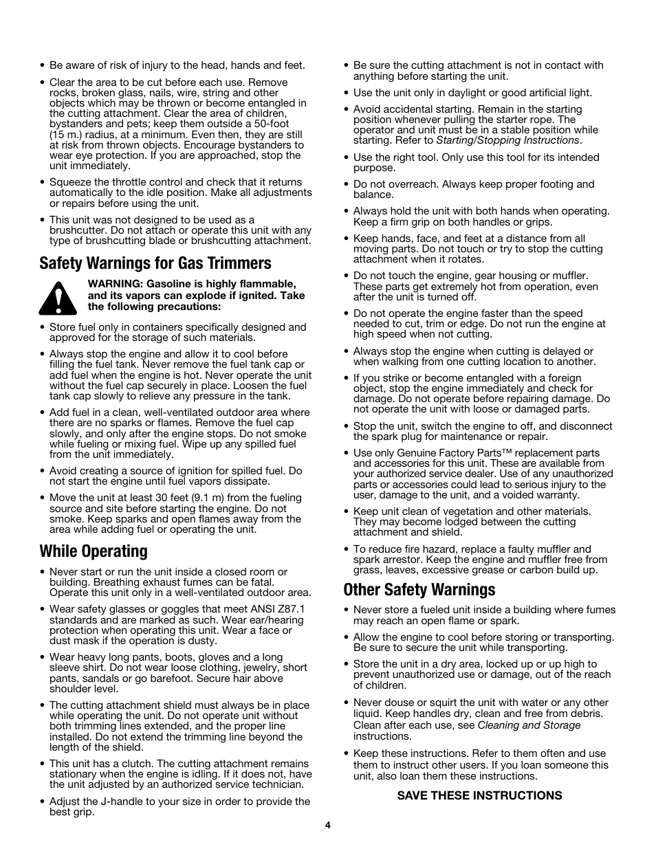 Safety warnings for gas trimmers, While operating, Other safety warnings | MTD MP426CS User Manual | Page 4 / 76