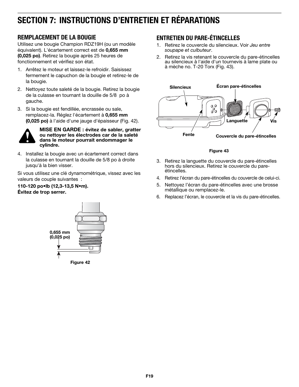 Remplacement de la bougie, Entretien du pare-étincelles | MTD MP426CS User Manual | Page 43 / 76