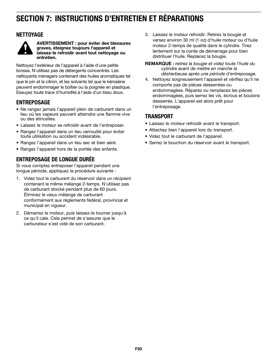 Nettoyage, Entreposage, Entreposage de longue durée | Transport | MTD MP426CS User Manual | Page 44 / 76