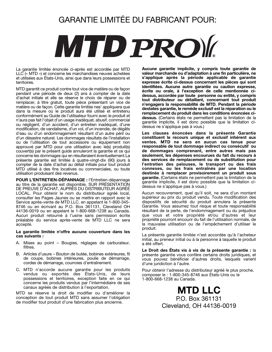 Mtd llc, Garantie limitée du fabricant pour | MTD MP426CS User Manual | Page 48 / 76
