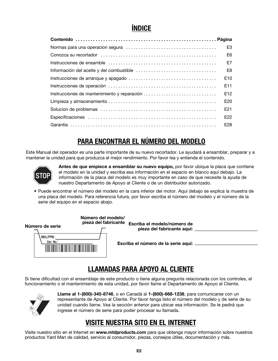 Índice, Para encontrar el número del modelo, Llamadas para apoyo al cliente | Visite nuestra sito en el internet | MTD MP426CS User Manual | Page 50 / 76