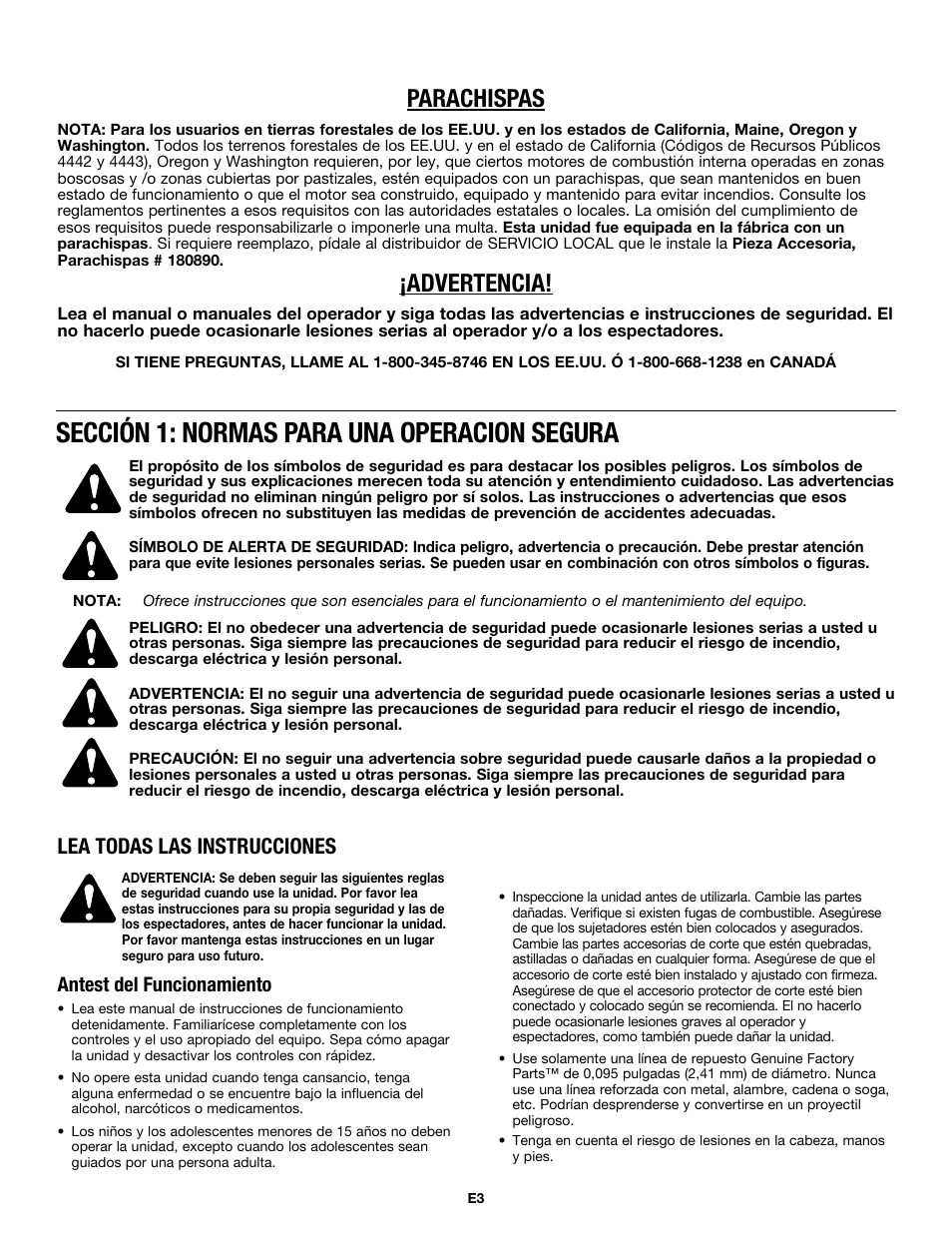 Sección 1: normas para una operacion segura, Parachispas, Advertencia | Lea todas las instrucciones, Antest del funcionamiento | MTD MP426CS User Manual | Page 51 / 76