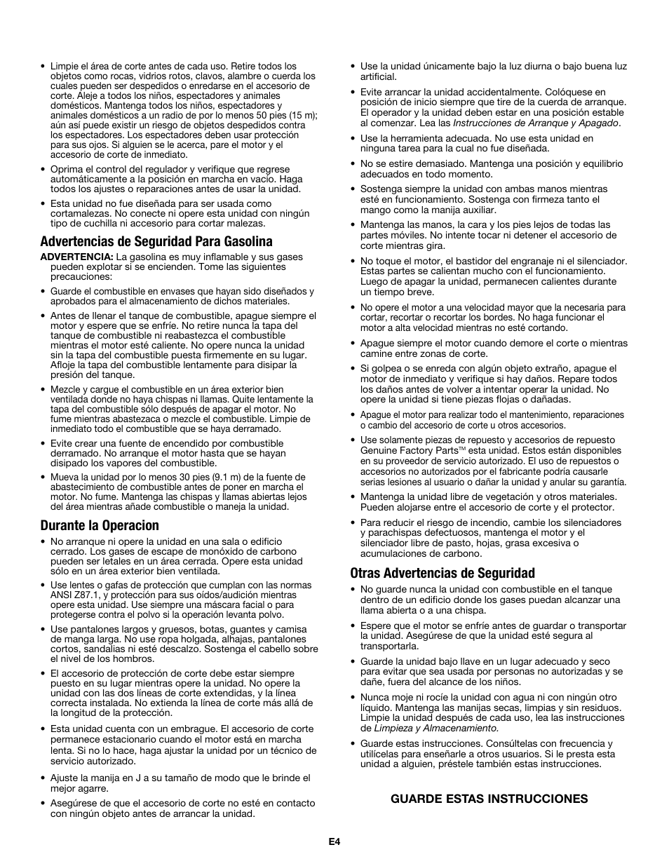 Advertencias de seguridad para gasolina, Durante la operacion, Otras advertencias de seguridad | MTD MP426CS User Manual | Page 52 / 76