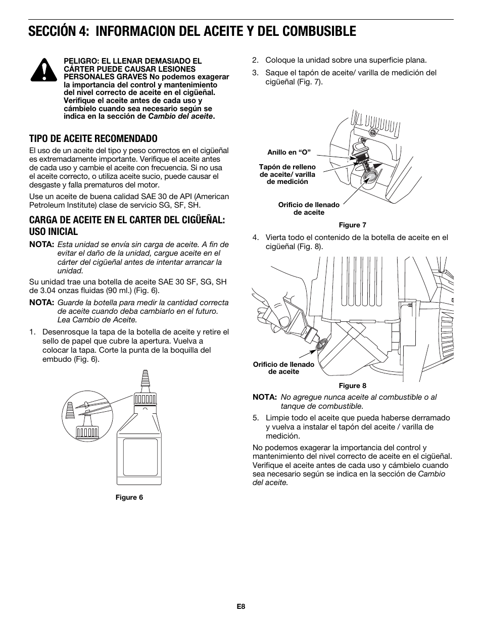 Sección 4: informacion del aceite y del combusible, Tipo de aceite recomendado | MTD MP426CS User Manual | Page 56 / 76