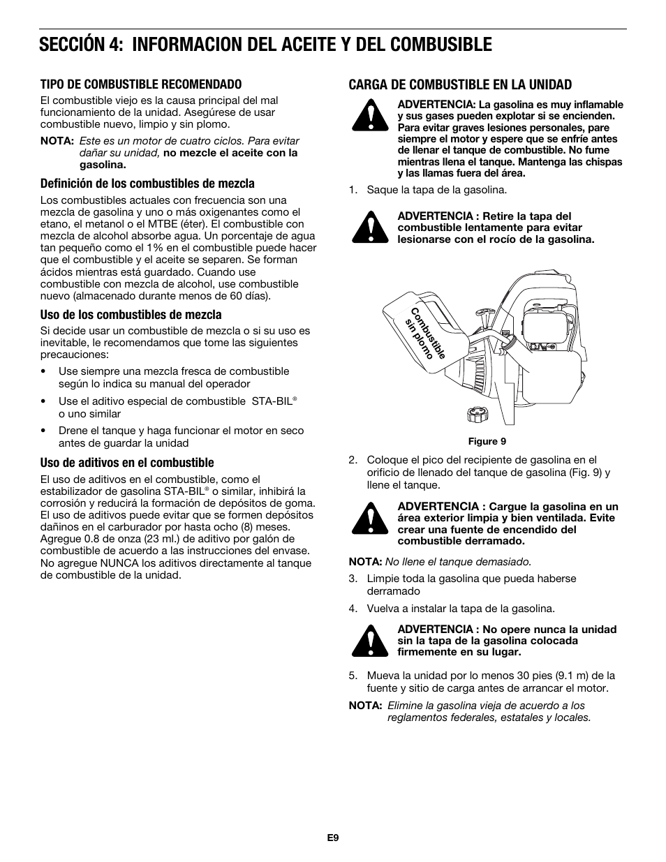 Sección 4: informacion del aceite y del combusible, Carga de combustible en la unidad | MTD MP426CS User Manual | Page 57 / 76