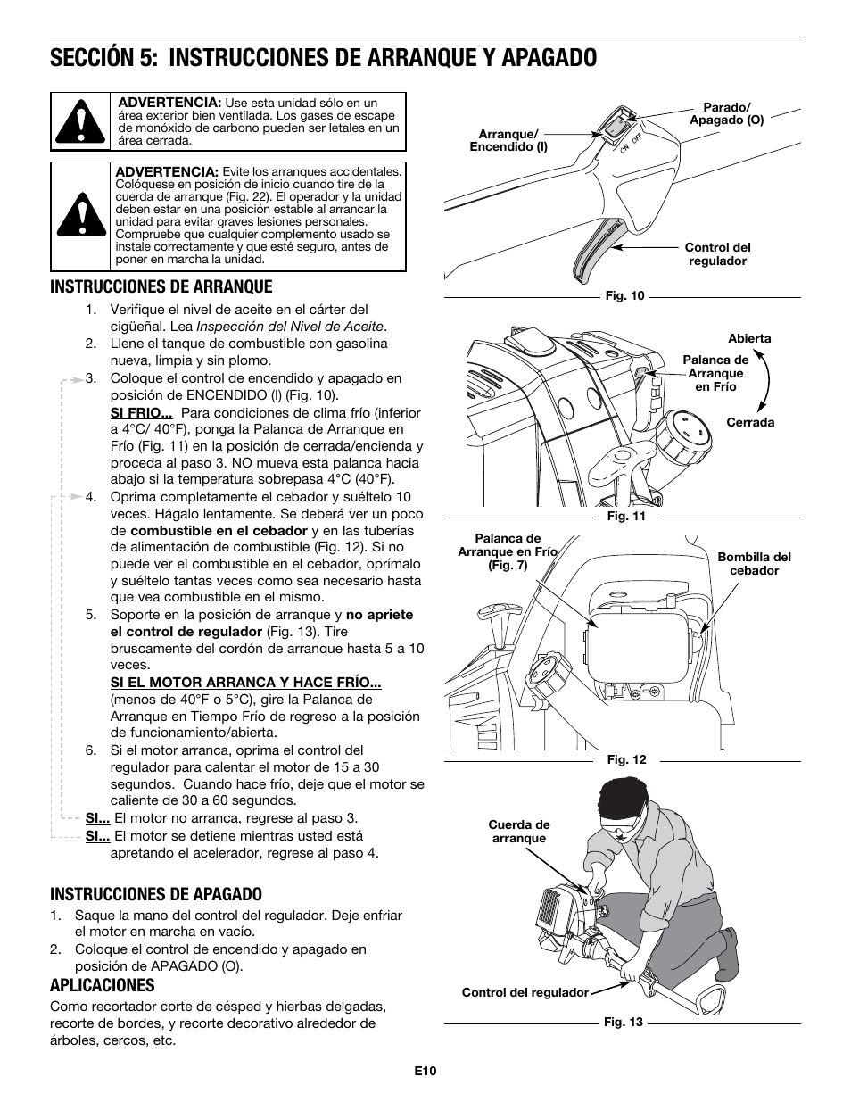 Sección 5: instrucciones de arranque y apagado, Instrucciones de arranque instrucciones de apagado, Aplicaciones | MTD MP426CS User Manual | Page 58 / 76