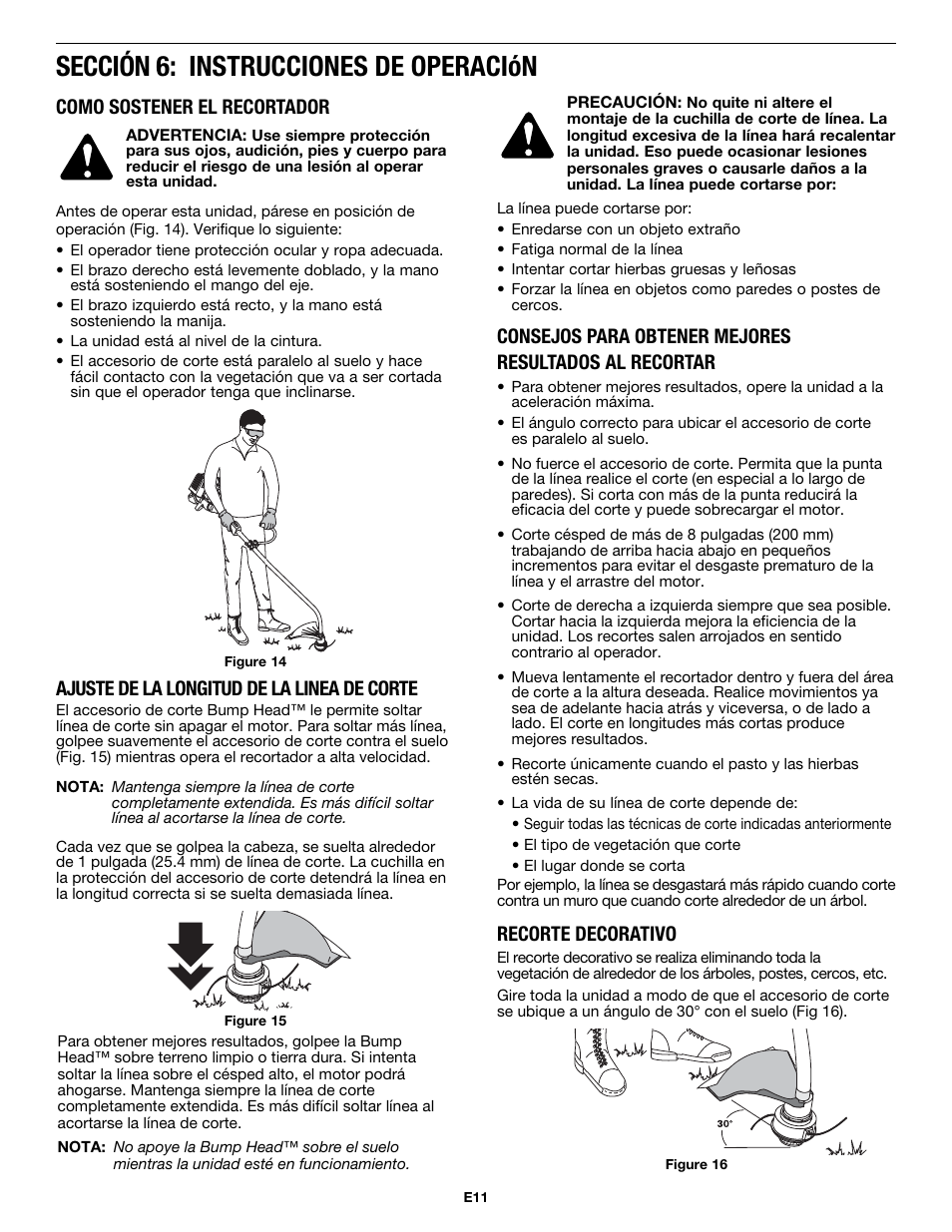 Sección 6: instrucciones de operación, Como sostener el recortador, Ajuste de la longitud de la linea de corte | Recorte decorativo | MTD MP426CS User Manual | Page 59 / 76