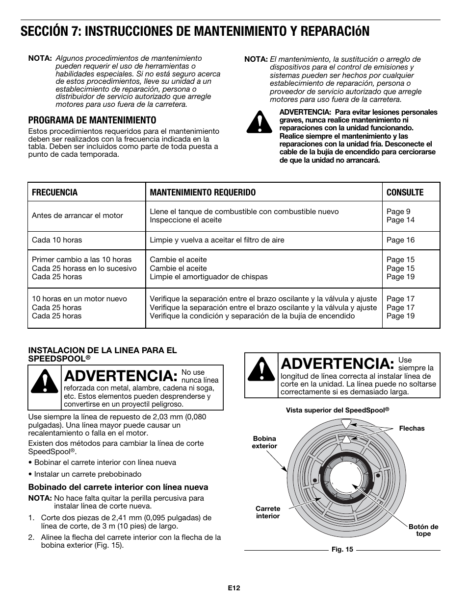 Advertencia, Programa de mantenimiento | MTD MP426CS User Manual | Page 60 / 76