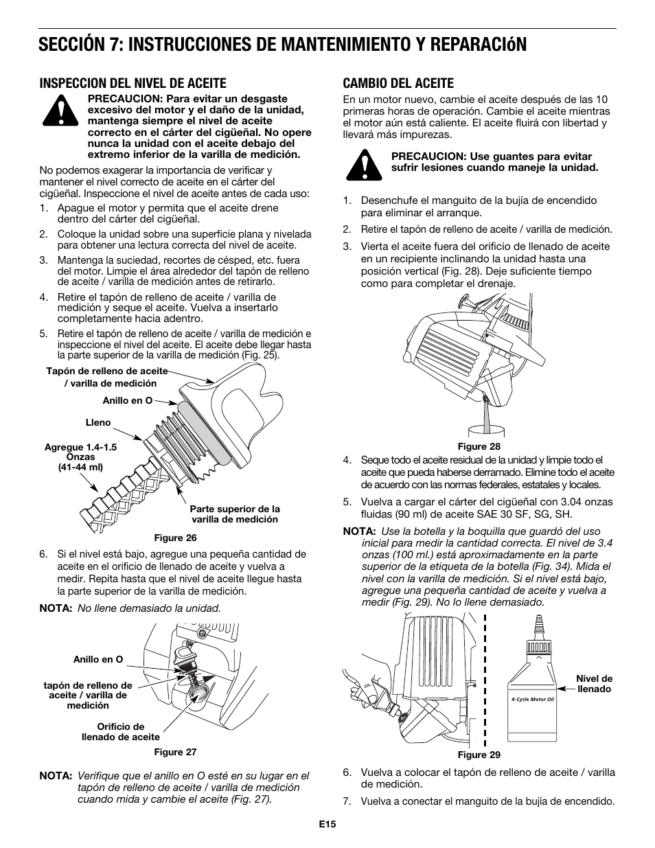 Inspeccion del nivel de aceite, Cambio del aceite | MTD MP426CS User Manual | Page 63 / 76