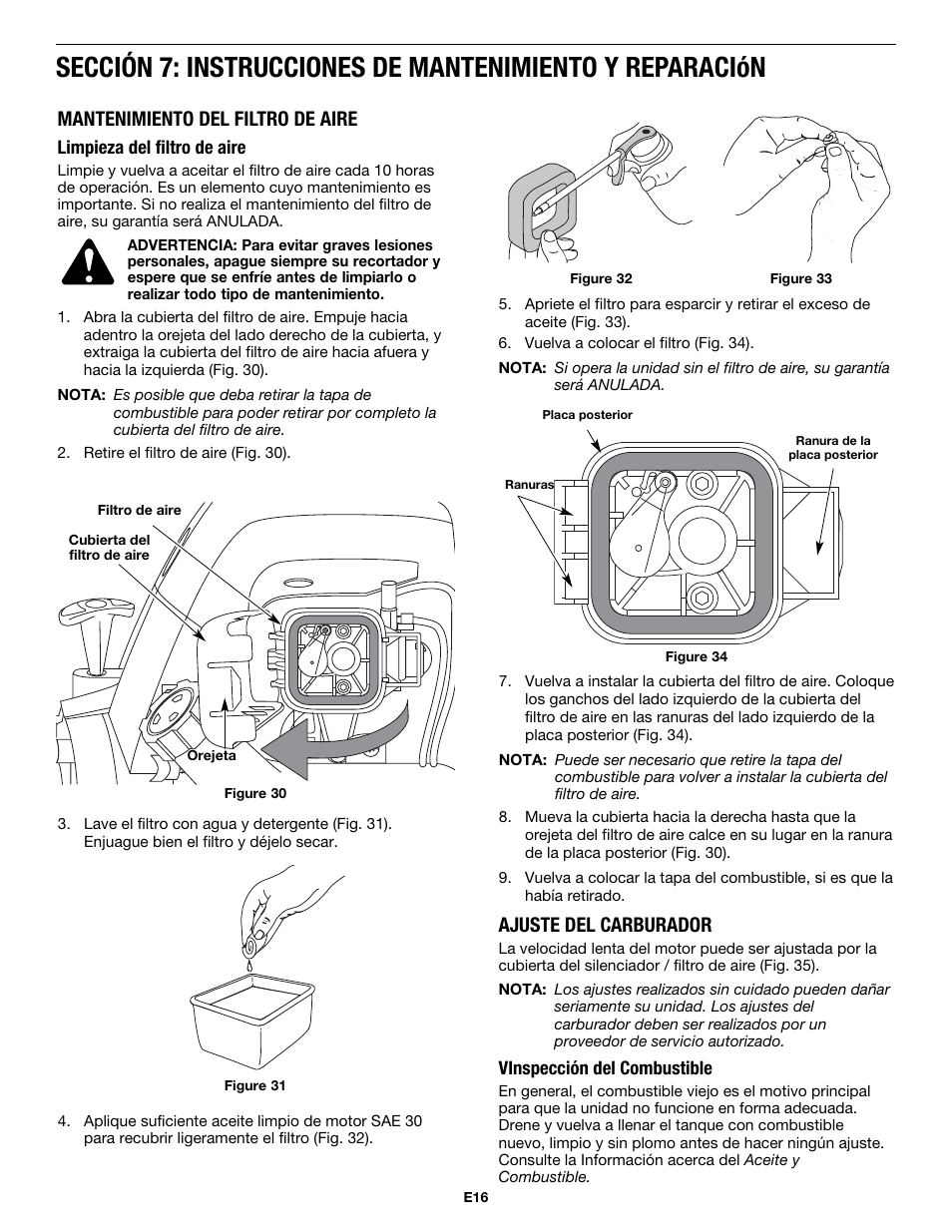 Ajuste del carburador, Mantenimiento del filtro de aire | MTD MP426CS User Manual | Page 64 / 76