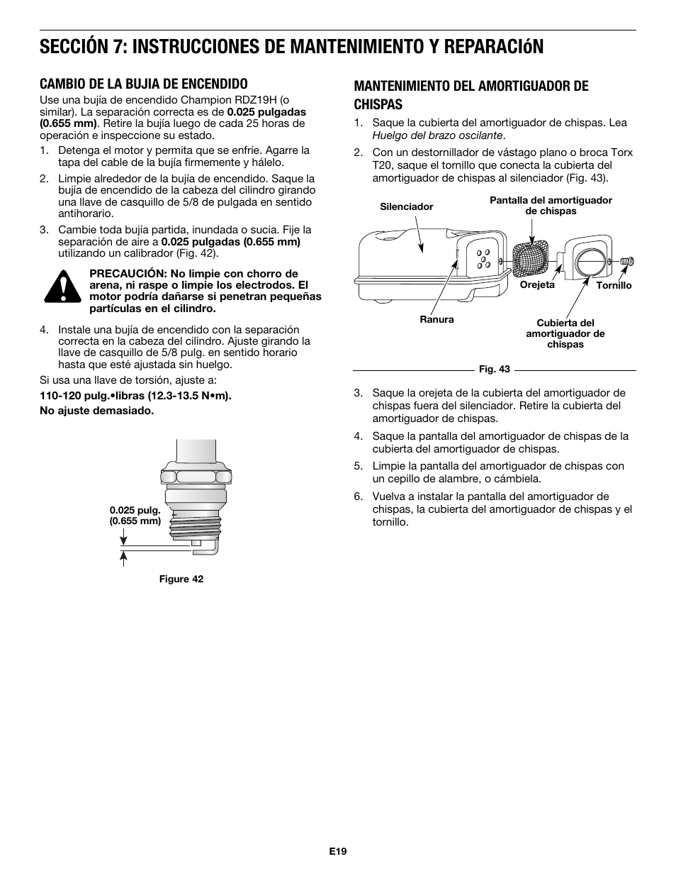 Cambio de la bujia de encendido, Mantenimiento del amortiguador de chispas | MTD MP426CS User Manual | Page 67 / 76