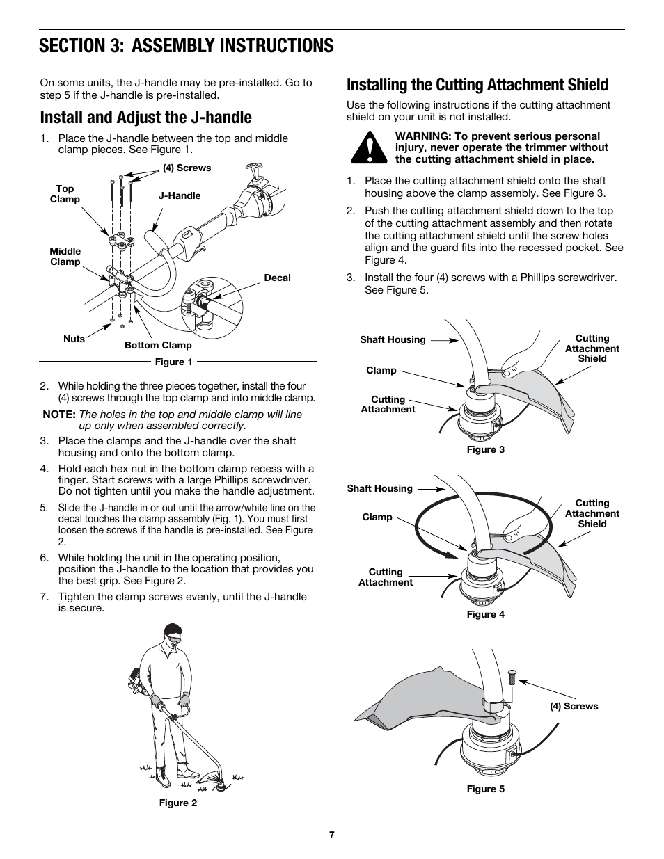 Installing the cutting attachment shield, Install and adjust the j-handle | MTD MP426CS User Manual | Page 7 / 76