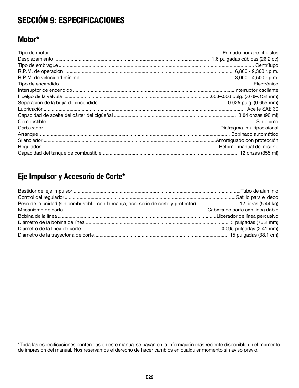 Sección 9: especificaciones, Motor, Eje impulsor y accesorio de corte | MTD MP426CS User Manual | Page 70 / 76