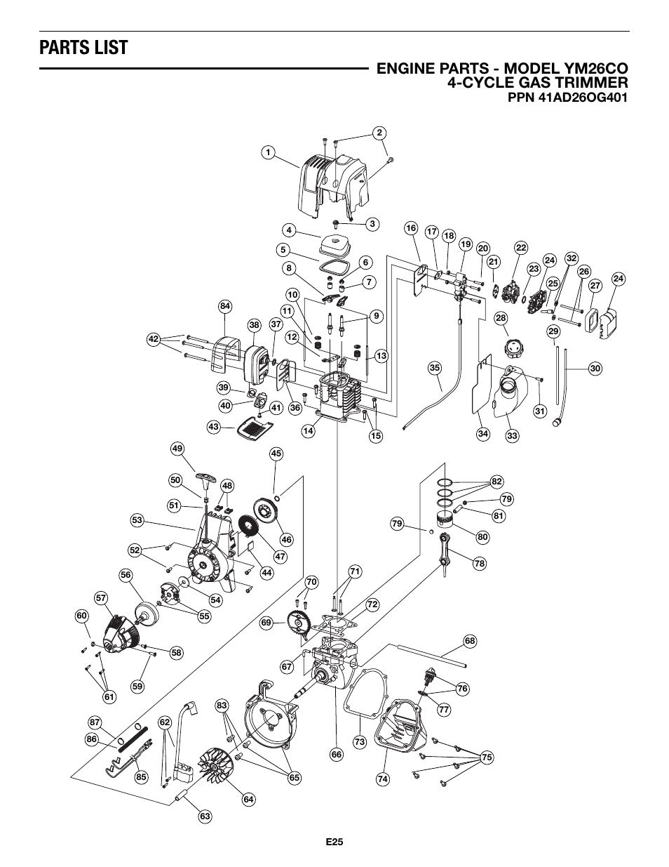 Parts list, Engine parts - model ym26co 4-cycle gas trimmer | MTD MP426CS User Manual | Page 73 / 76