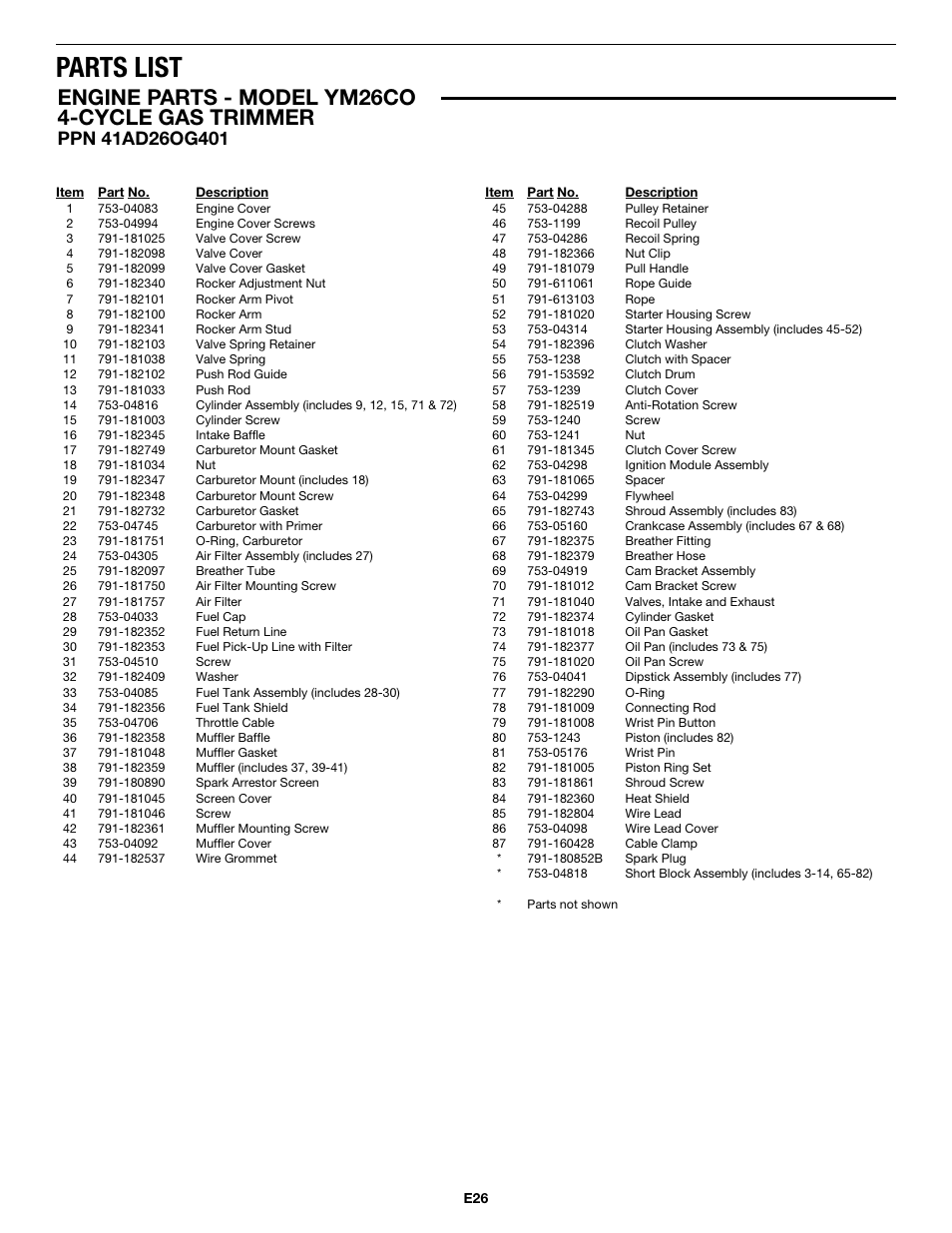 Parts list, Engine parts - model ym26co 4-cycle gas trimmer | MTD MP426CS User Manual | Page 74 / 76