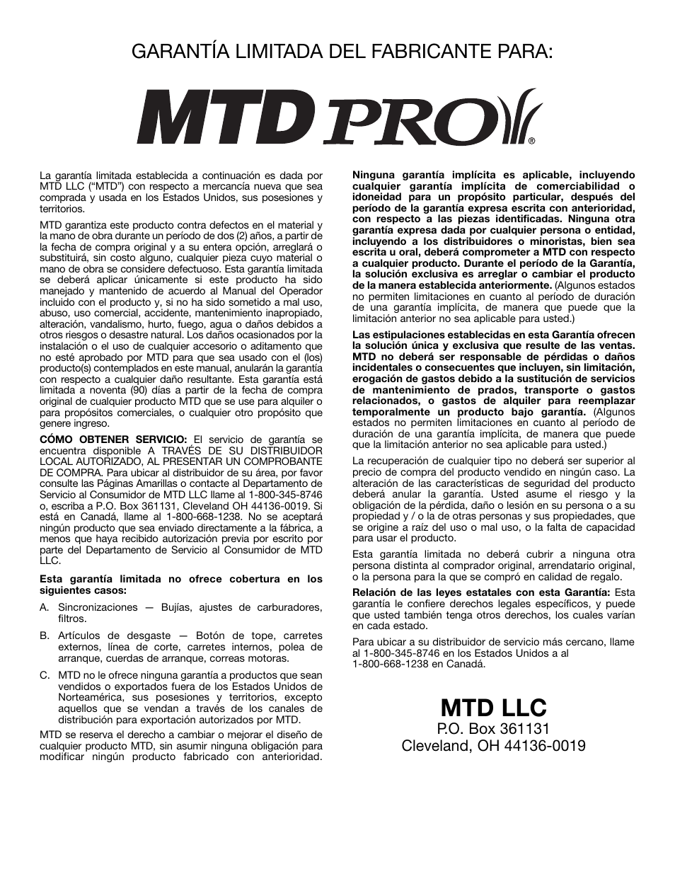 Mtd llc, Garantía limitada del fabricante para | MTD MP426CS User Manual | Page 76 / 76