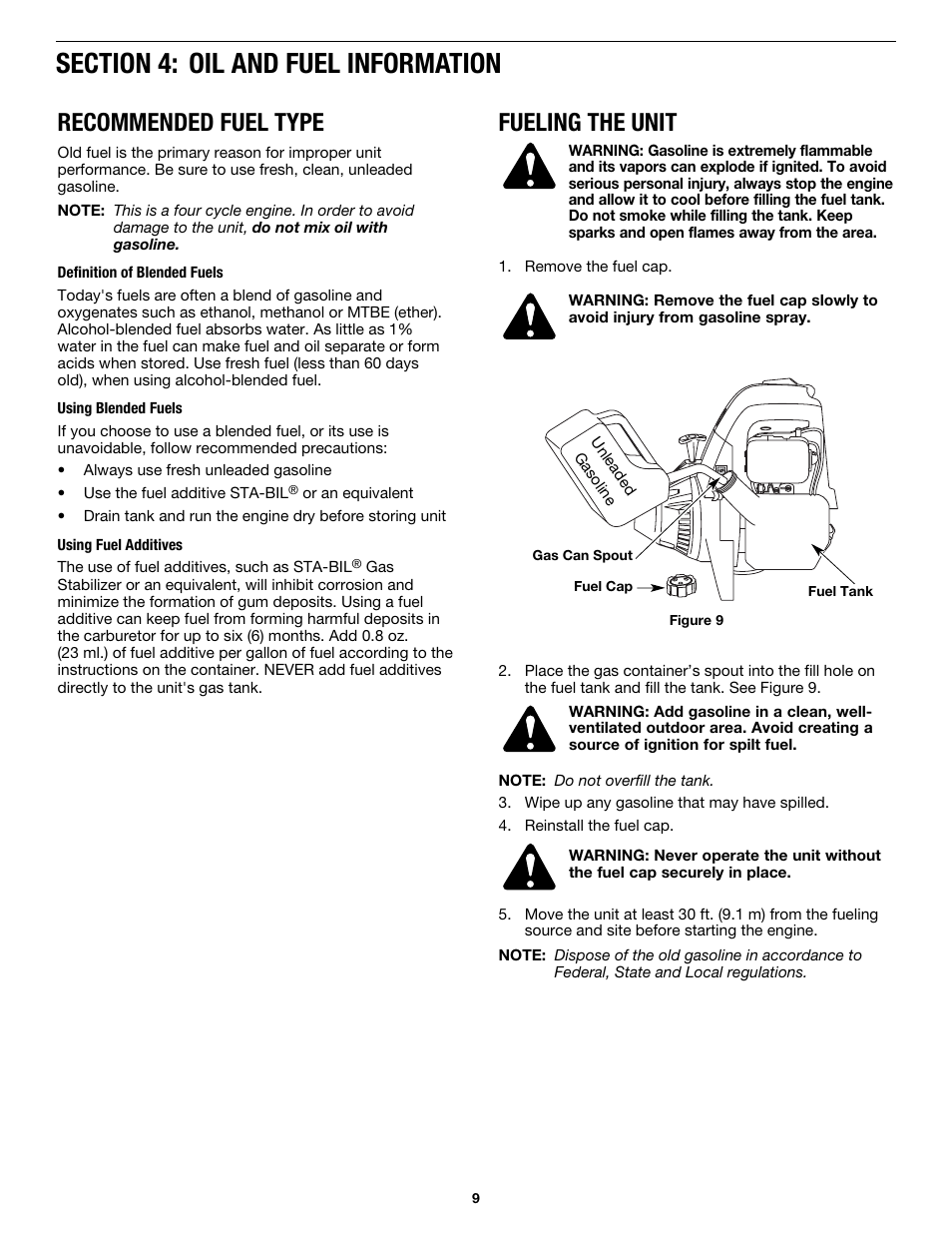 Fueling the unit, Recommended fuel type | MTD MP426CS User Manual | Page 9 / 76