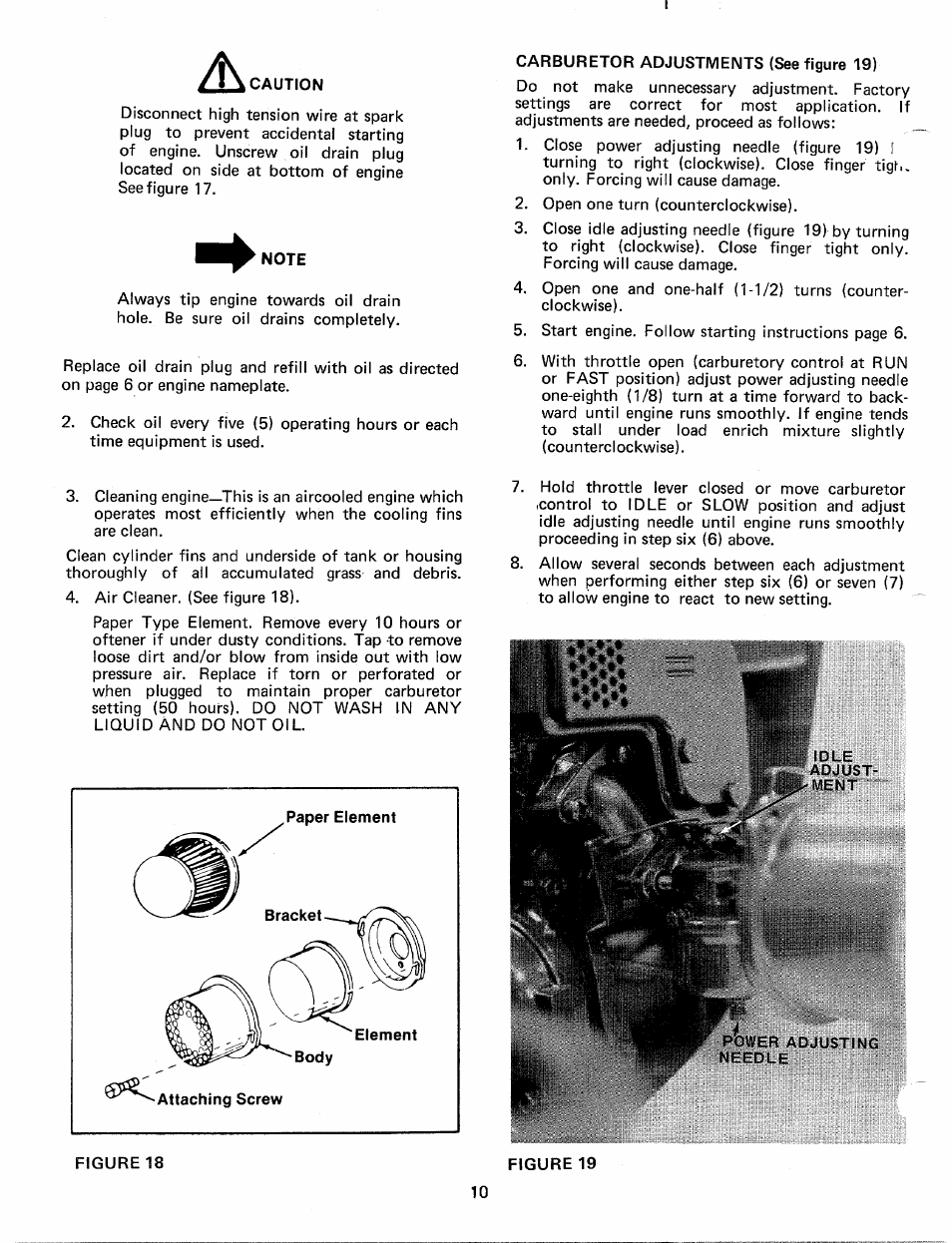 Carburetor adjustments (see figure 19) | MTD 241-640A User Manual | Page 10 / 15