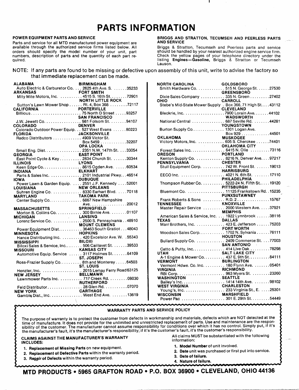 Parts information | MTD 241-640A User Manual | Page 15 / 15